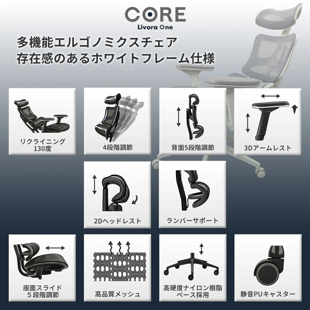 ZONE WHITE by Livora One CORE B137AW 人間工学 オフィスチェア ゲーミングチェア