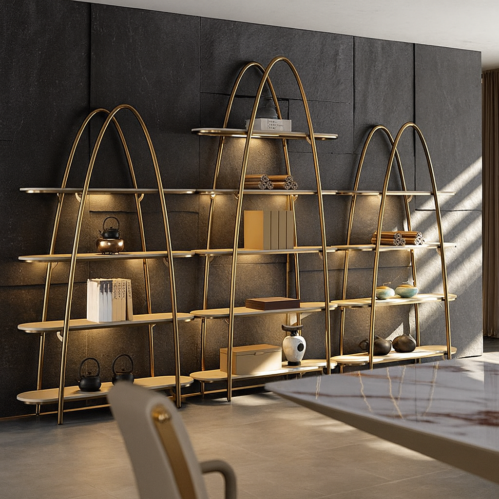 Livora One LUME　飾り棚　ハイエンド　　ディスプレイシェルフ　ライト付き　ゴールド　棚　モダン　おしゃれ　かっこいい　気品　存在感　洗練されたデザイン　社長室　社長用　書斎　オフィス　店舗　ファッション