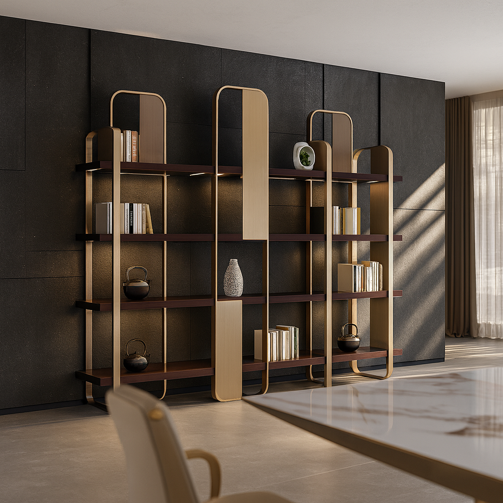 Livora One LUME　飾り棚　ハイエンド　　ディスプレイシェルフ　ライト付き　ゴールド　棚　モダン　おしゃれ　かっこいい　気品　存在感　洗練されたデザイン　社長室　社長用　書斎　オフィス　店舗　ファッション