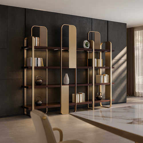 Livora One LUME　飾り棚　ハイエンド　　ディスプレイシェルフ　ライト付き　ゴールド　棚　モダン　おしゃれ　かっこいい　気品　存在感　洗練されたデザイン　社長室　社長用　書斎　オフィス　店舗　ファッション