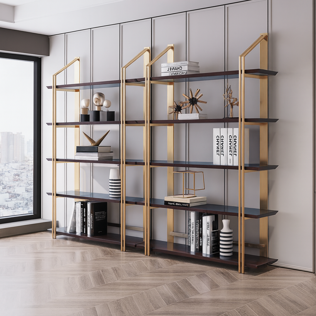 Livora One LUME　飾り棚　ハイエンド　　ディスプレイシェルフ　ゴールド　棚　モダン　おしゃれ　かっこいい　気品　存在感　洗練されたデザイン　社長室　社長用　書斎　オフィス　店舗　ファッション