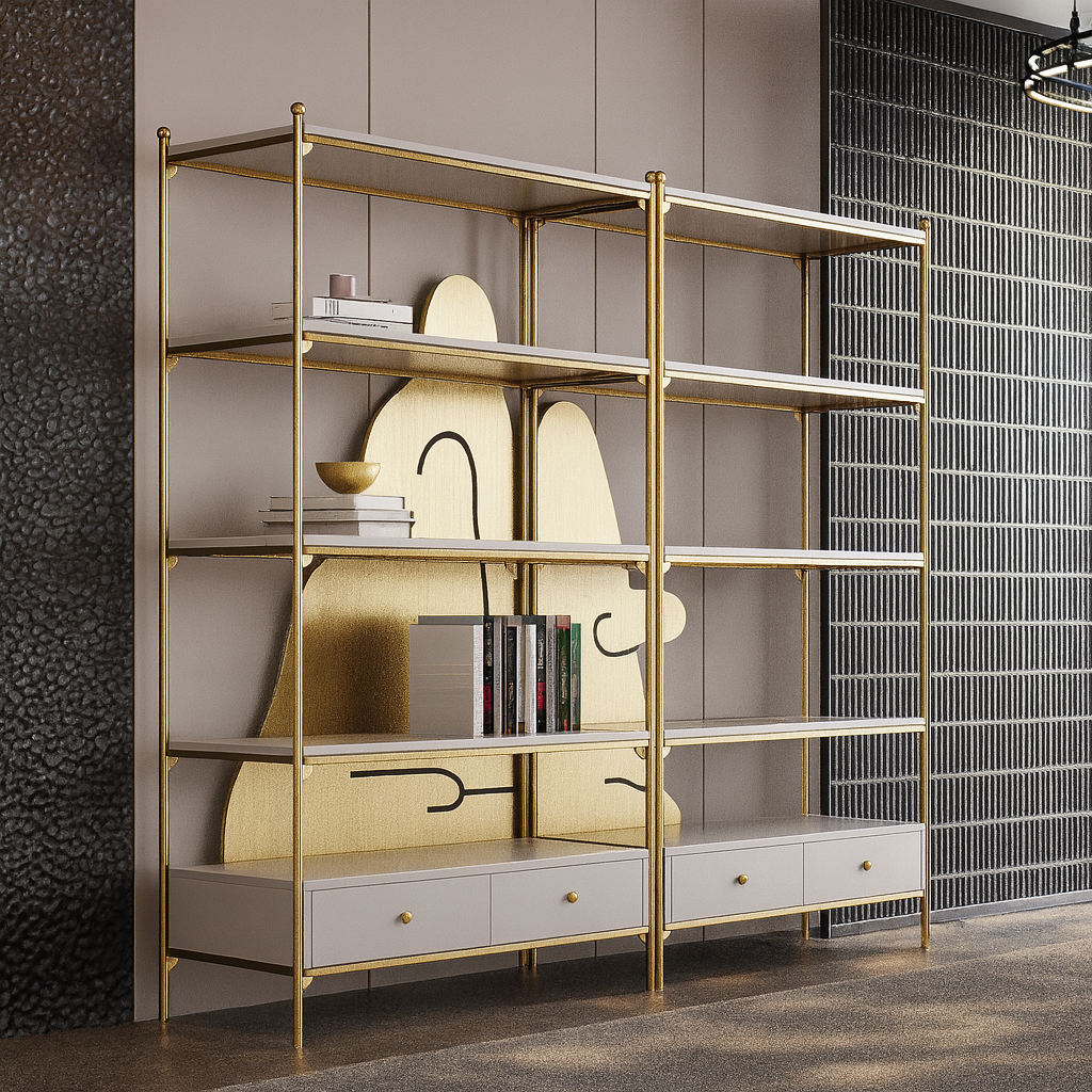 Livora One LUME　飾り棚　ハイエンド　　ディスプレイシェルフ　ゴールド　棚　モダン　おしゃれ　かっこいい　気品　存在感　洗練されたデザイン　社長室　社長用　書斎　オフィス　店舗　ファッション