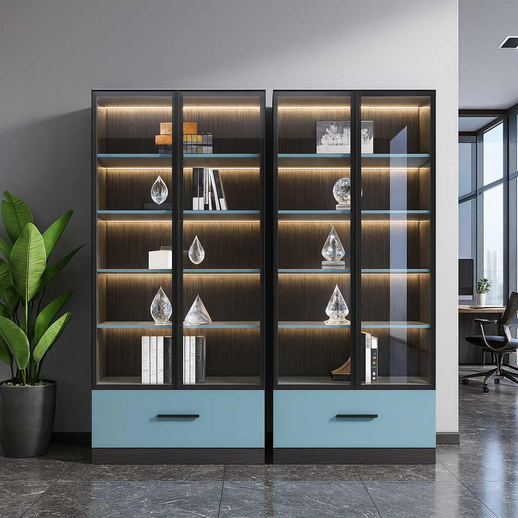 Livora One LUME　飾り棚　ハイエンド　　ディスプレイシェルフ　ライト付き　フィギュア　ガラス張り　本棚　モダン　おしゃれ　かっこいい　気品　存在感　洗練されたデザイン　社長室　社長用　書斎　オフィス　店舗　ファッション