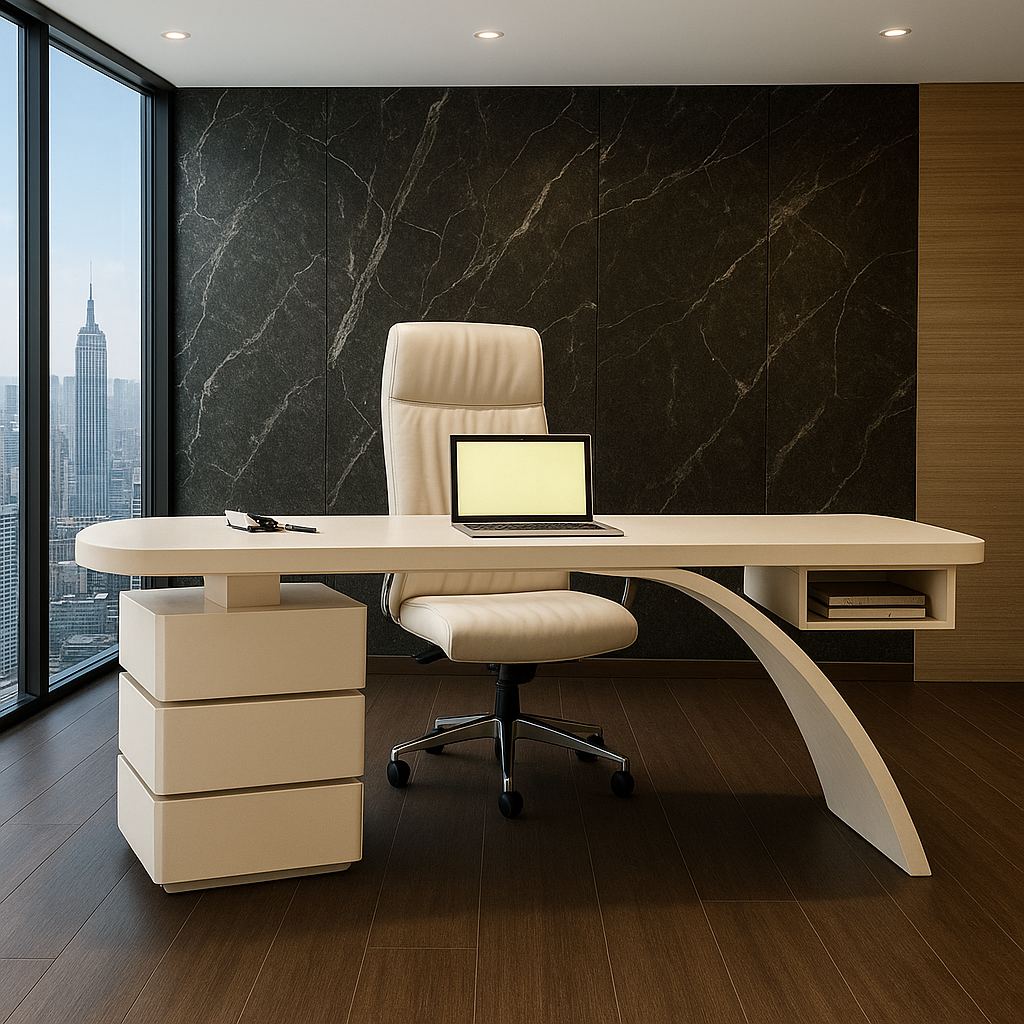 Livora One LUME　気品　存在感　ハイエンド　エグゼクティブデスク　ホワイト　モダン　おしゃれ　かっこいい　洗練されたデザイン　社長室　社長用　書斎　オフィス　テレワーク