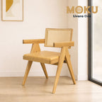 Livora One MOKU P805 北米産FAS級ホワイトアッシュ　無垢材　人口ラタン　ダイニングチェア　肘付き　ナチュラル　ウォールナットブラウン　　アジアン　北欧風　カフェ　レストラン　