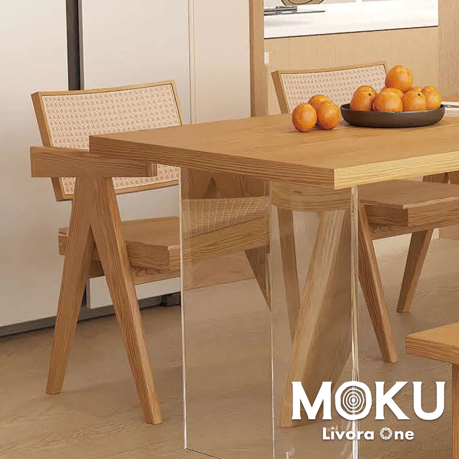Livora One MOKU P805 北米産FAS級ホワイトアッシュ　無垢材　人口ラタン　ダイニングチェア　肘付き　ナチュラル　ウォールナットブラウン　　アジアン　北欧風　カフェ　レストラン　