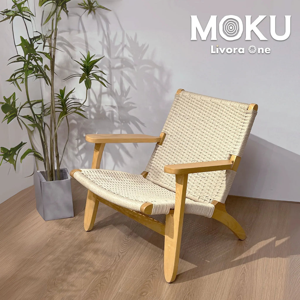 Livora One MOKU S801 北米産FAS級ホワイトアッシュ　ペーパーコード　無垢材　ラウンジチェア　　リラックス　リビング　ゆったり　大き目　くつろぐ　ナチュラル　ウォールナットブラウン　低め　アジアン　北欧風　リゾート