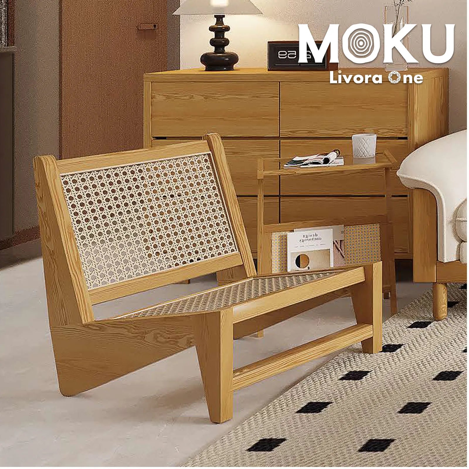 Livora One MOKU S802 北米産FAS級ホワイトアッシュ　人口ラタン　無垢材　ラウンジチェア　リラックス　リビング　ゆったり　大き目　くつろぐ　ナチュラル　ウォールナットブラウン　低め　アジアン　北欧風　リゾート