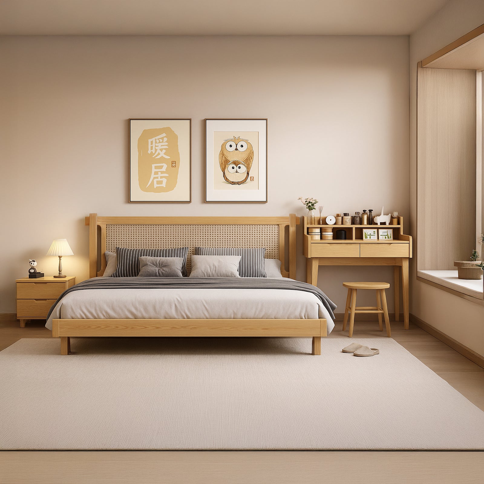 ベッド A801 ホワイトアッシュ FAS級天然無垢材 ラタンヘッドボード