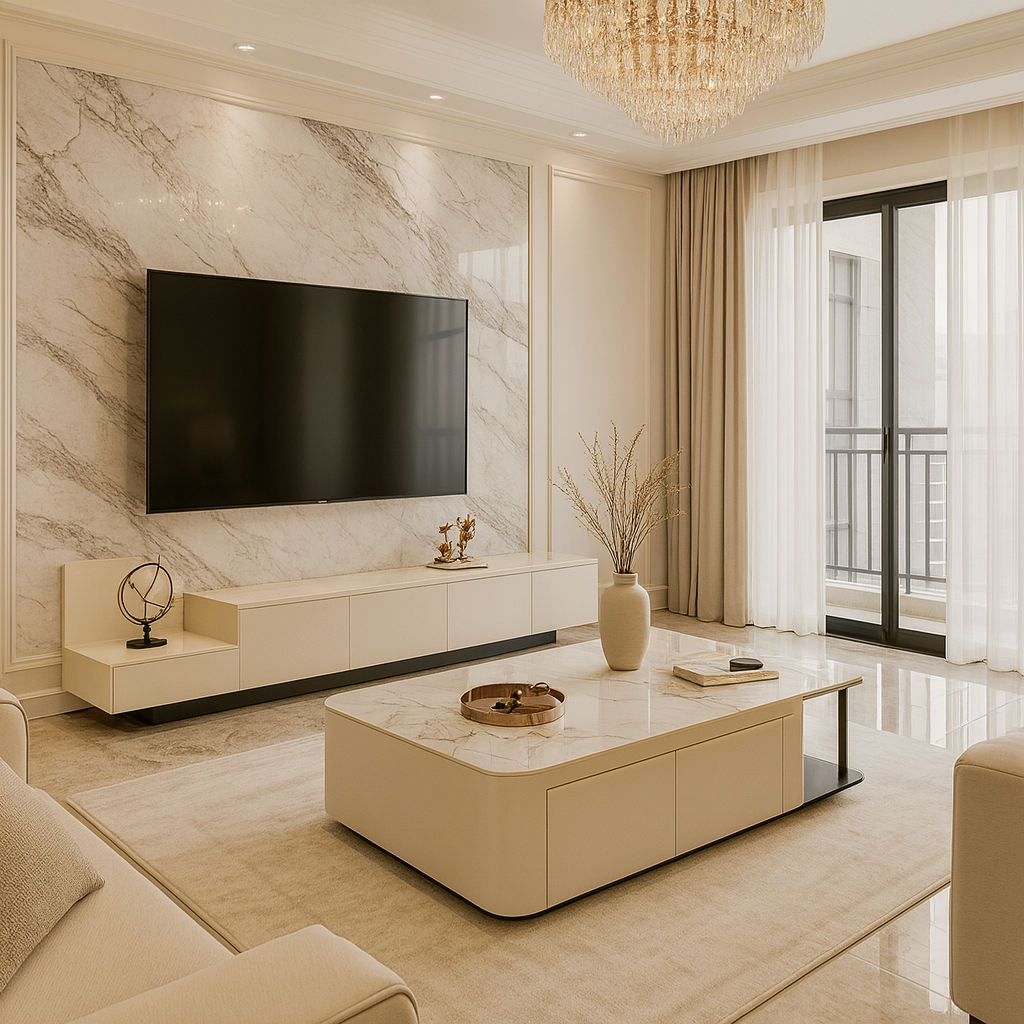 洗練された上質空間を演出する、モダンラグジュアリースタイルのリビングセット。
大理石調の壁面と家具が生み出す上品な光沢と、ベージュトーンの柔らかな色合いが、心地よい高級感を漂わせます。