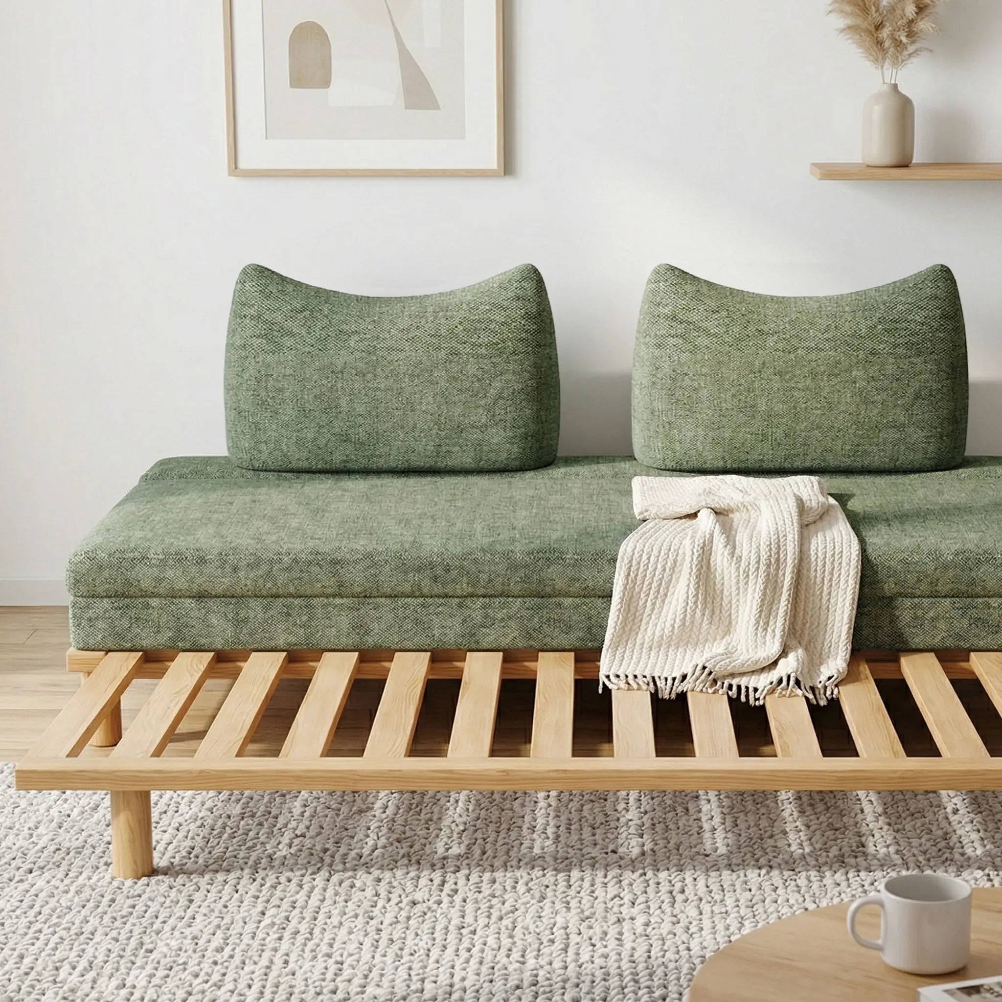 Livora One MOKU 猫耳クッション付きソファーベッド 木製すのこベッド セミシングルからダブルへ変身 ハウザー リビングソファ カウチソファ 2つ折りマットレス