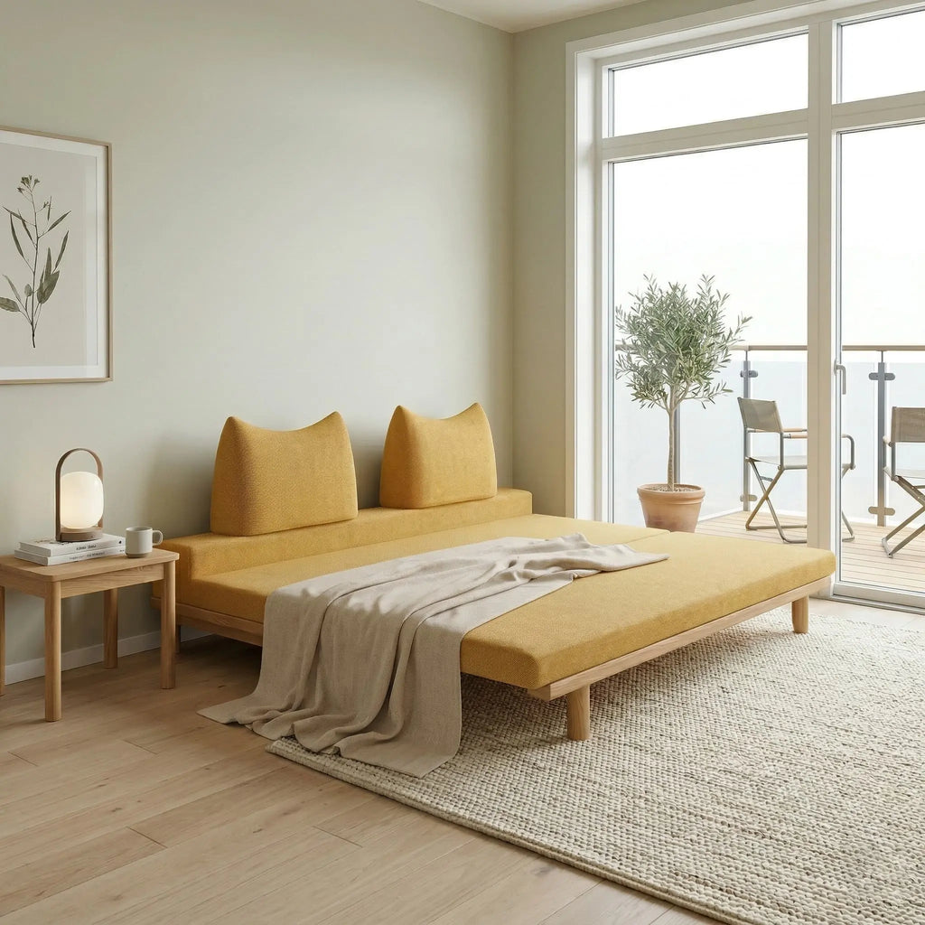 Livora One MOKU 猫耳クッション付きソファーベッド 木製すのこベッド セミシングルからダブルへ変身 ハウザー リビングソファ カウチソファ 2つ折りマットレス