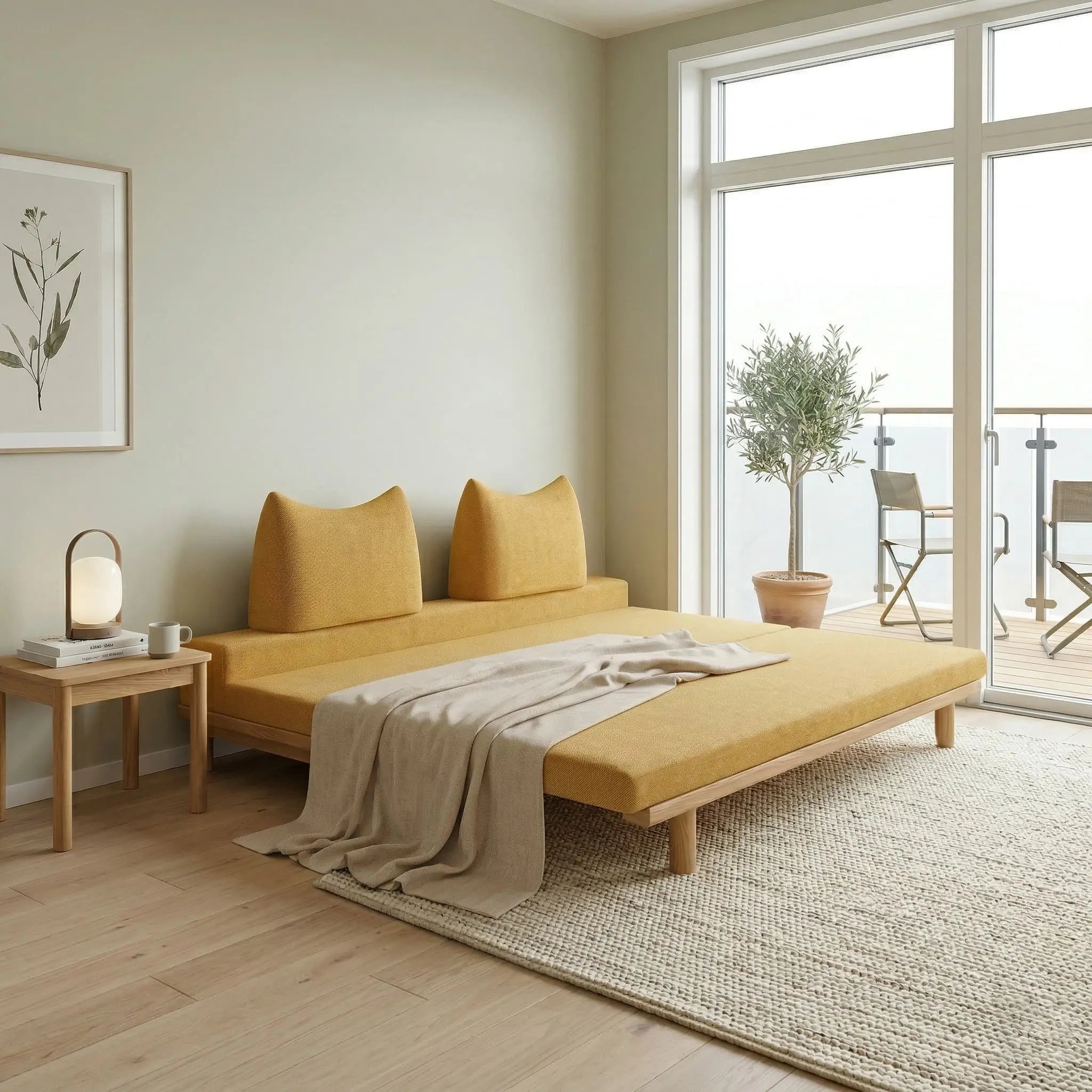 Livora One MOKU 猫耳クッション付きソファーベッド 木製すのこベッド セミシングルからダブルへ変身 ハウザー リビングソファ カウチソファ 2つ折りマットレス