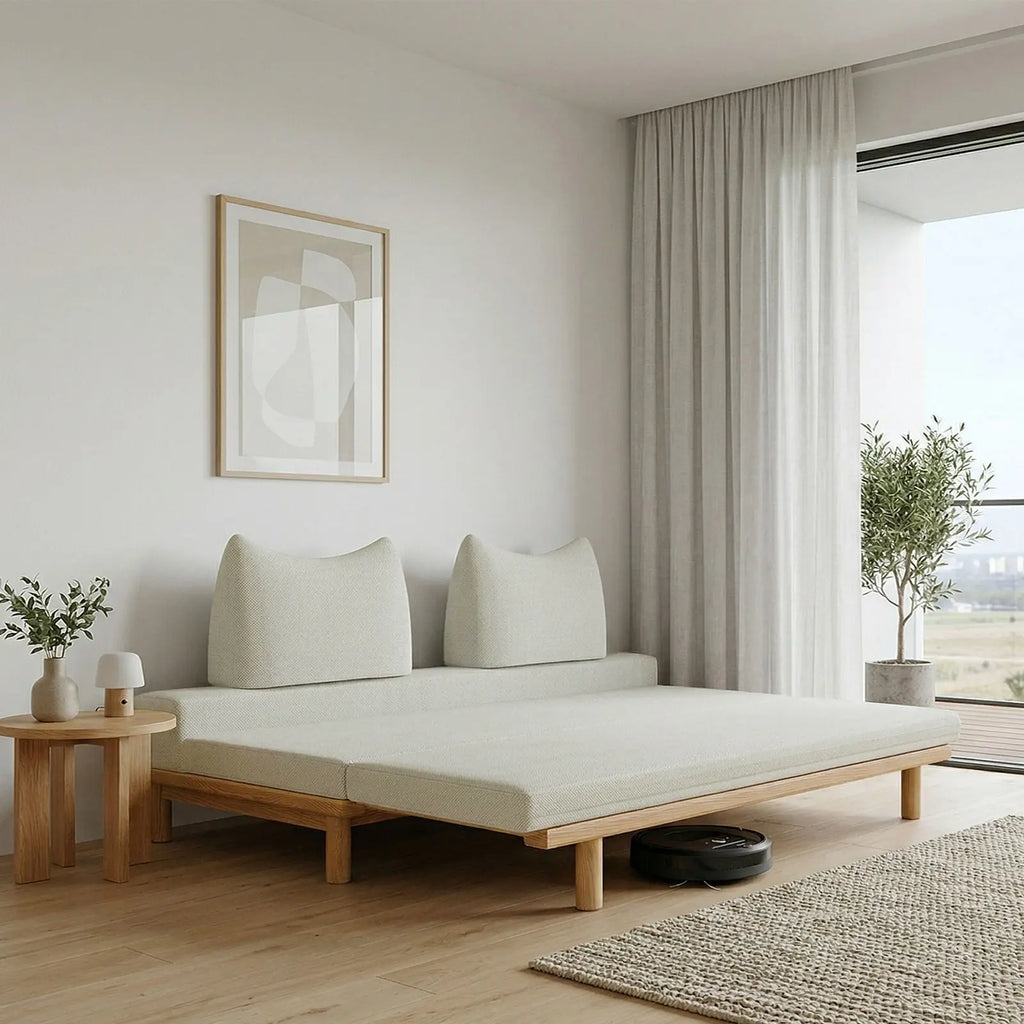 Livora One MOKU 猫耳クッション付きソファーベッド 木製すのこベッド セミシングルからダブルへ変身 ハウザー リビングソファ カウチソファ 2つ折りマットレス