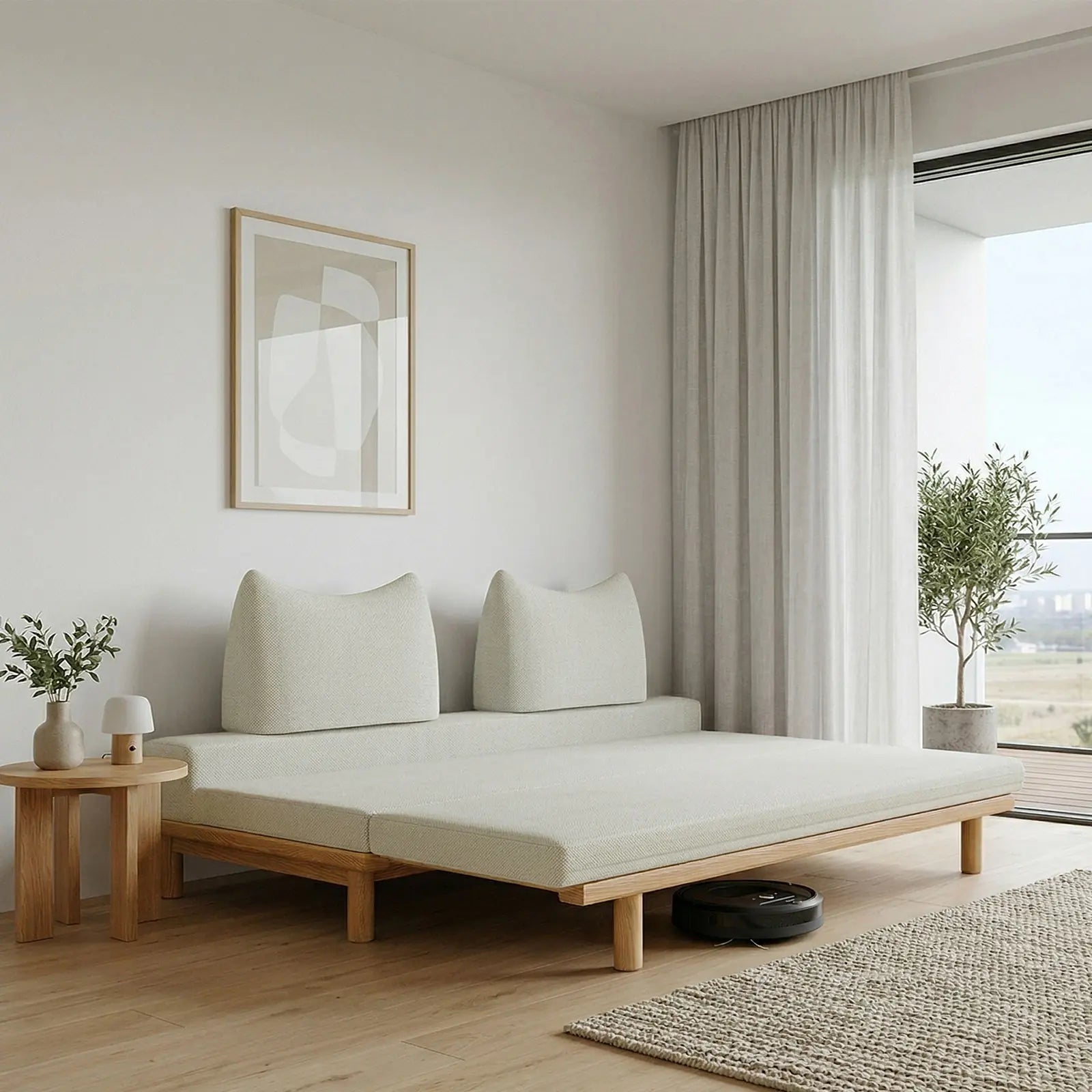 Livora One MOKU 猫耳クッション付きソファーベッド 木製すのこベッド セミシングルからダブルへ変身 ハウザー リビングソファ カウチソファ 2つ折りマットレス