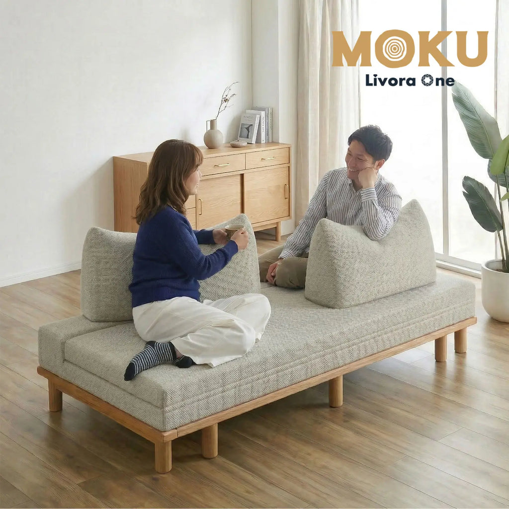 Livora One MOKU 猫耳クッション付きソファーベッド 木製すのこベッド セミシングルからダブルへ変身 ハウザー リビングソファ カウチソファ 2つ折りマットレス