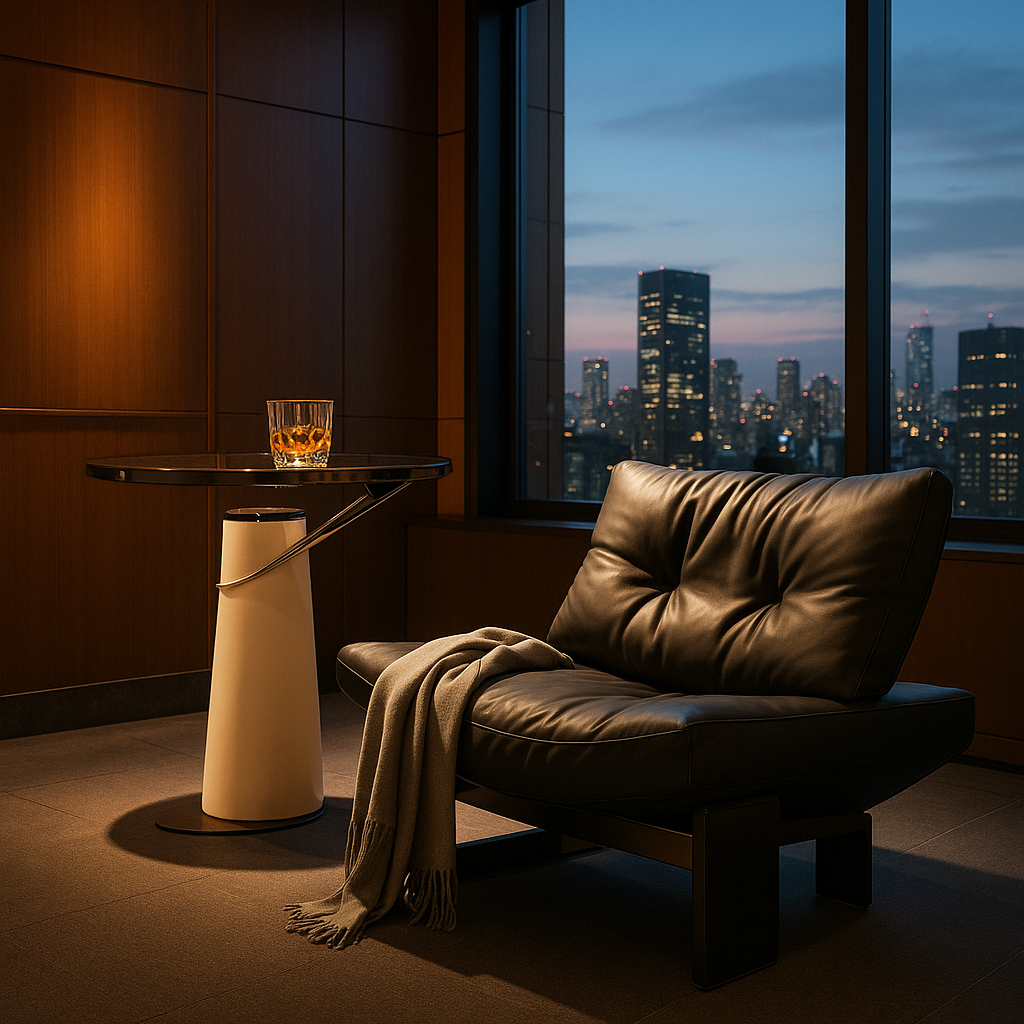 Livora One LUME　サイドテーブル　
ブラックスチール　ラウンジチェア　レザー　インテリア　モダン　コーディネート　ホテルライク　シック　かっこいい　クール